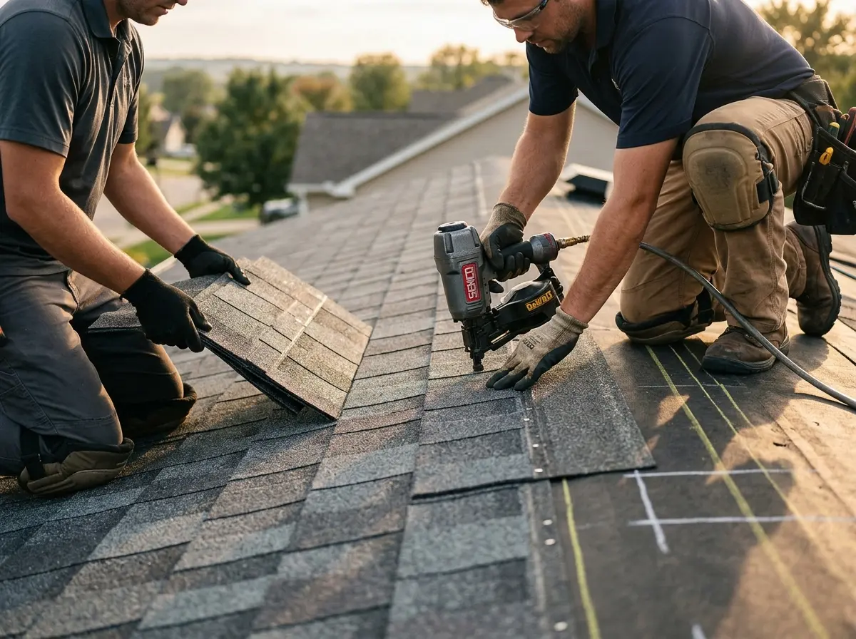 Professional roofer working on a residential roof in Kasson